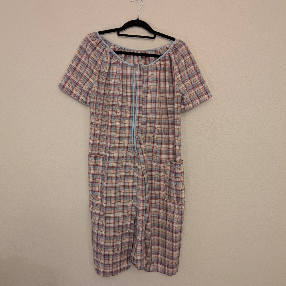 Vintage 70s Plaid Homemade Pearl Snap House Dress Size Large